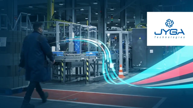 Factory scene with automated equipment and the JYGA Technologies logo.