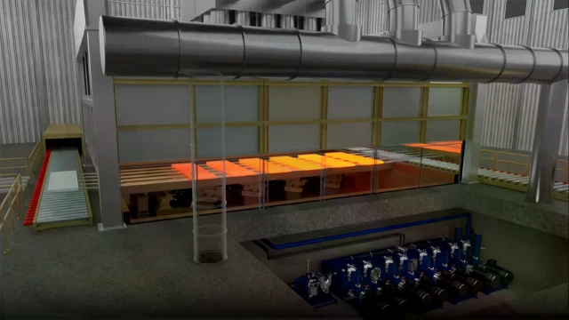 3D representation of a walking beam furnace with hydraulic solutions from Bosch Rexroth
