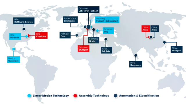 Weltkarte mit globalen Standorten für Linear Motion, Montage, Automatisierung & Elektrifizierungstechnologien.