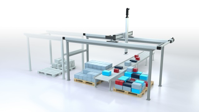 Bild 3: Effiziente Automatisierung in der Logistik: Mehrachssysteme, eingebunden in eine Lösung für das flexible Be- und Entladen von Paletten. (Bildquelle: Bosch Rexroth AG)