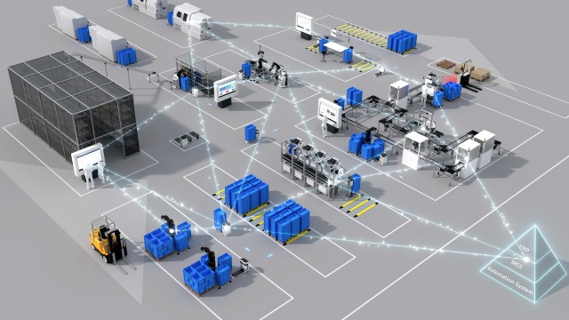 Visión general de las soluciones de montaje y logística conectadas que pueden encontrarse en una fábrica