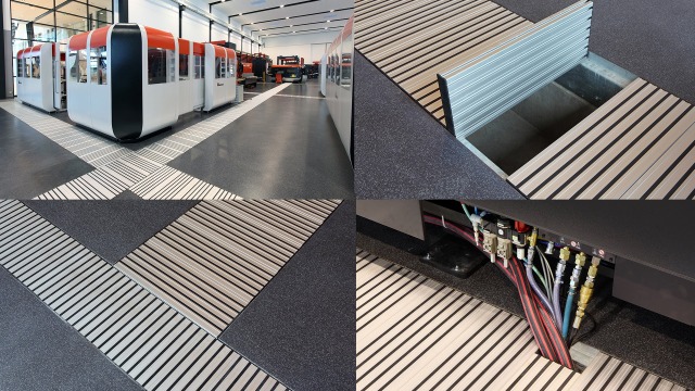 Collection of photos showing hall floor and details refined with Rexroth aluminum profiles