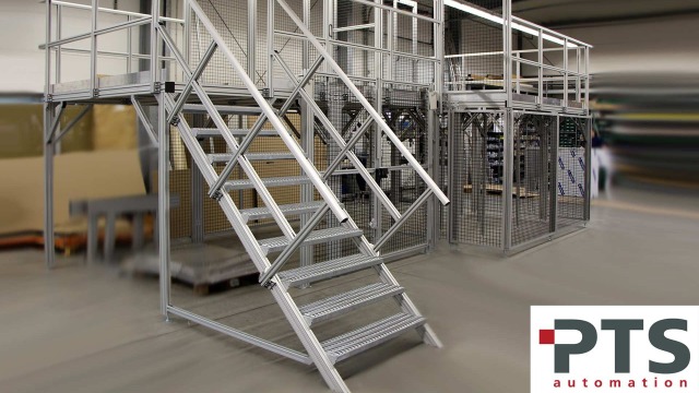 EcoSafe 保護型圍欄結合工業階段，所有權屬於 PTS AUTOMATION GmbH