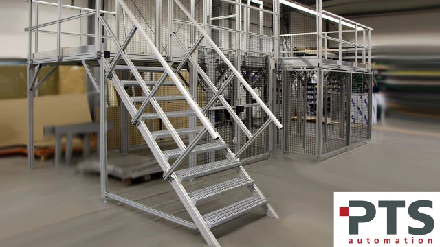 EcoSafe protection fence combined with industrial stage, copyright PTS AUTOMATION GmbH