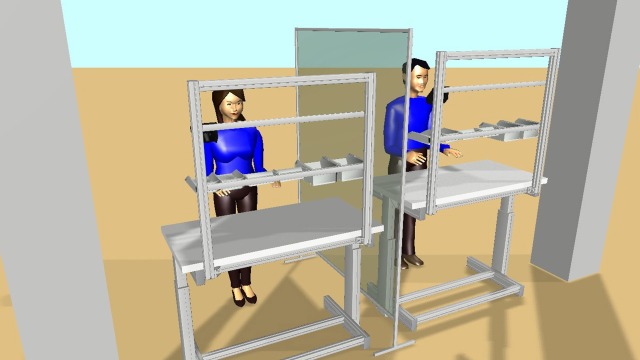 MTpro ManModel - Twee werknemers aan het werk op een assemblagewerkstation, gescheiden door een beschermende scheidingswand van Bosch Rexroth