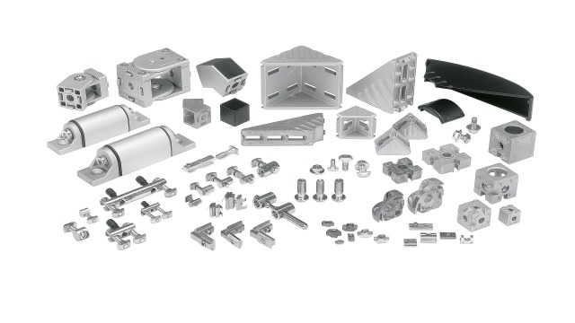 Variedad de elementos de unión Bosch Rexroth para perfiles de aluminio