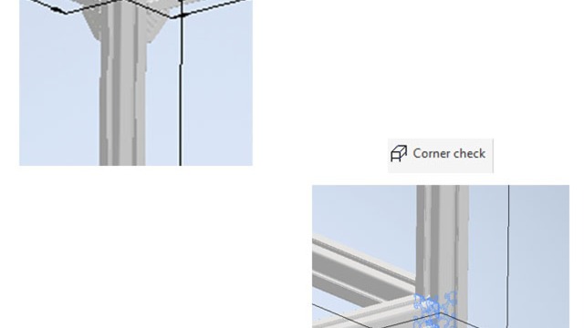 La captura de pantalla muestra la función "comprobación de la conexión de perfiles de aluminio" del plug-in CAD FRAMEpro de Bosch Rexroth