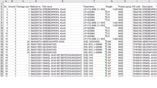Skjermbildet viser «generering av deleliste»-funksjonen i FRAMEpro CAD-programtillegget fra Bosch Rexroth