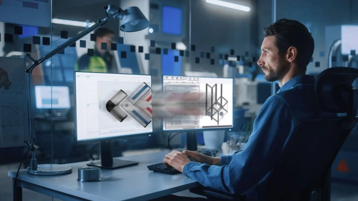 Engineer working on CAD design with dual monitors.