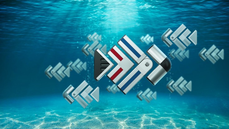 This picture shows a shoal of fish, illustrated with various aluminum profiles from Bosch Rexroth.