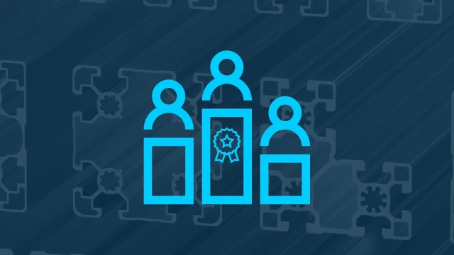 Icon showing three people on a winner's podium; the person in first place has been awarded a rosette 