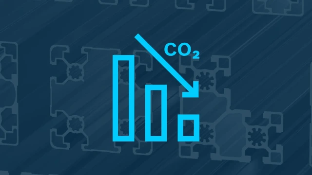 Icon with bar charts and a downward arrow in front of aluminum profiles