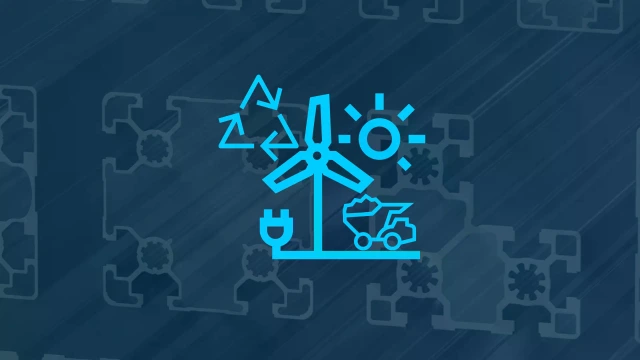 Icon showing the sun, a wind turbine, truck and a recycling logo in front of aluminum profiles