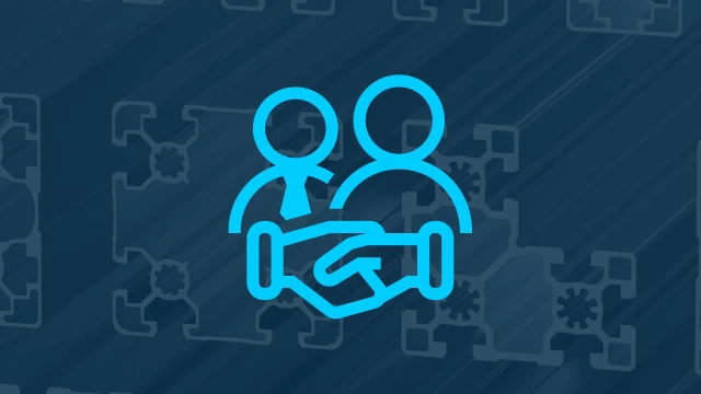 Icon showing two people and a handshake in front of aluminum profiles