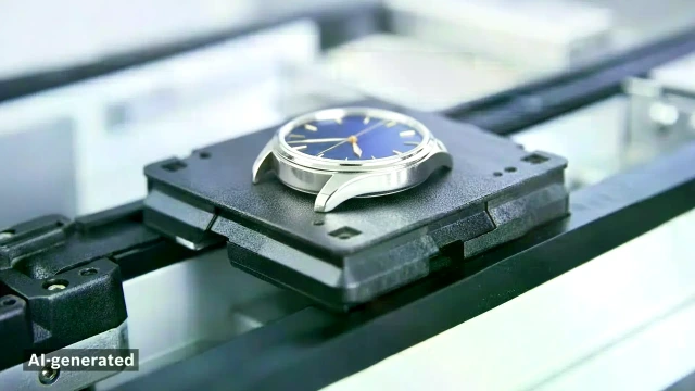 Close-up of a wristwatch on a workpiece pallet of the transfer system TS 1