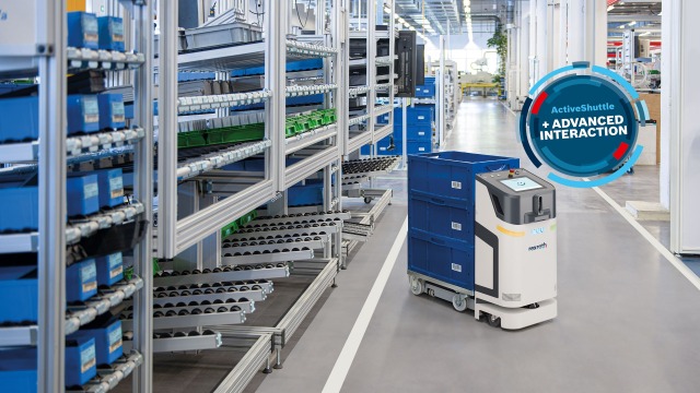Bosch Rexrothin autonomisen ActiveShuttle-mobiilirobotin sovellus kuljettamassa lavavaunuja, dolleja