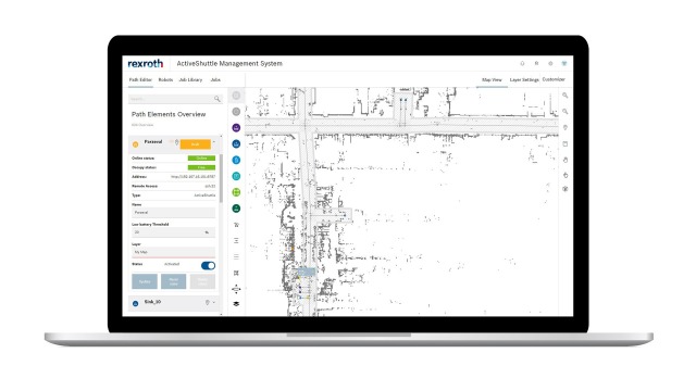 Aplicația ActiveShuttle Management System de la Bosch Rexroth pe un laptop