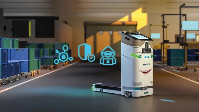 ACTIVE Shuttle in a warehouse with background icons symbolizing IT security