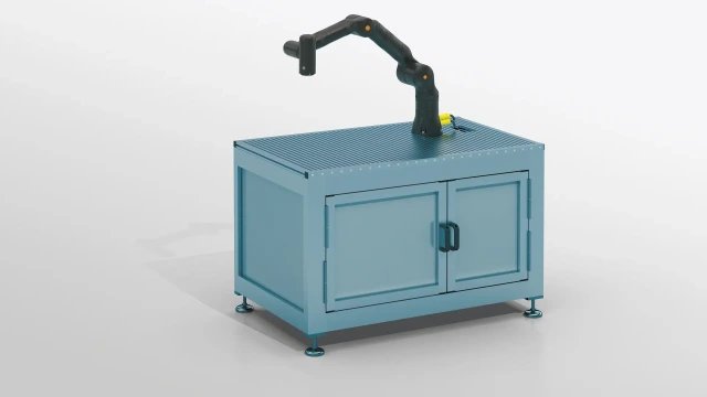 Rectangular table with cabinet elements. Metal table with mounted robotic arm
