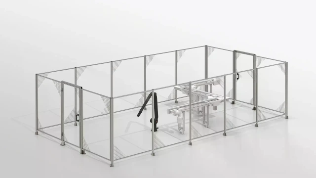Rectangular protective fence, enclosure with integrated cobot station and transfer system.