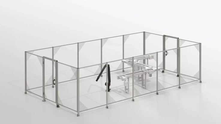 Rectangular safety fence, enclosure with integrated cobot station and transfer system.