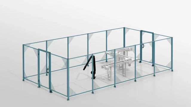 Rectangular safety fence, enclosure with integrated cobot station and transfer system.