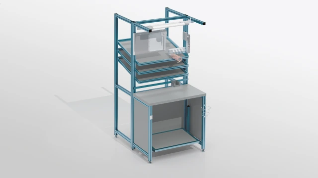 Industrial workstation made of aluminum with drawer system, spring mechanism, and integrated base cabinet