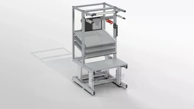 Mobile workstation with worktop, gripping container, monitor. Top-mounted camera and 2 information boards