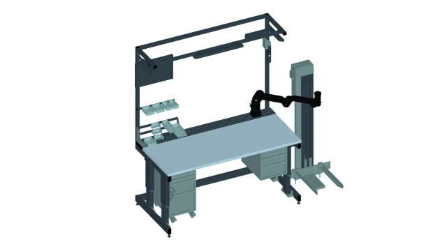 Photorealistic rendering of a height-adjustable workstation with integrated Kassow, highlighted in the Bosch Rexroth typical blue color.