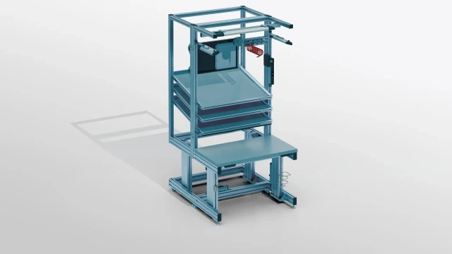 Modular workstation made of aluminum profiles with shelves, monitor bracket, and tool holders