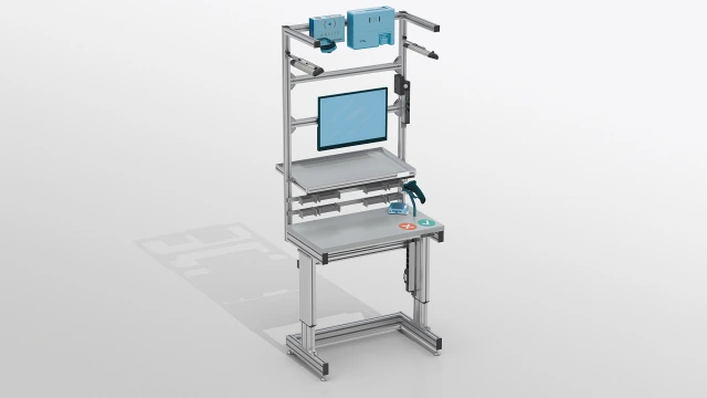 Mobile workstation with worktop, gripping container, controllers for visual instructions