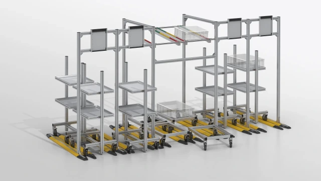 FiFo station with locking mechanism for material shuttles in guide rails. 6 stations with multiple infoboards and material feeders. 5 material shuttles, each including 2 adjustable material levels. 4 floor rollers with a box. 4 infoboards across 4 guide rails.