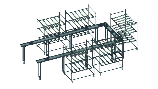 U-shaped Bosch Rexroth one-piece flow with EcoFlow conveyor track and FiFo XLean flow racks.