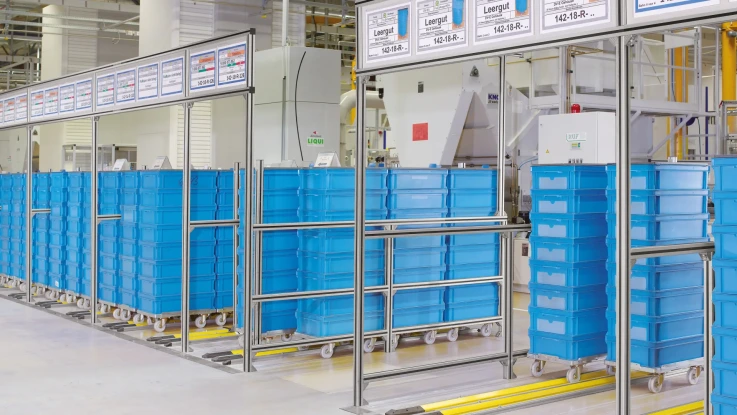 Several FiFo stations, material shuttles with loaded blue boxes. Callout information above each railway track