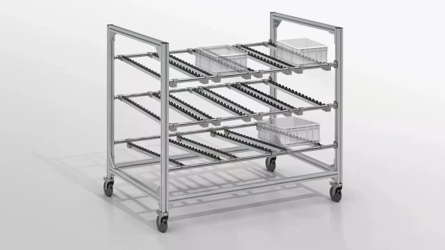 Mobile rack system with 2 infeed and one return level, 4 rows each, roller sections suspended in aluminum frame.