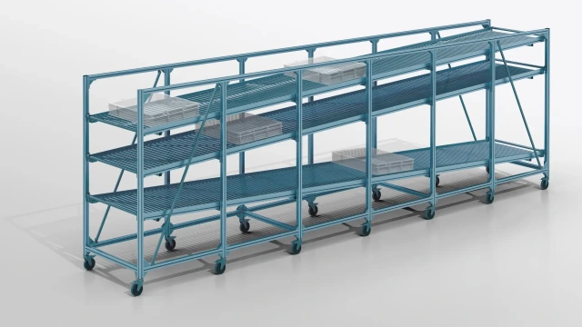 EcoFlow flow rack for warehousing with sloping layers and small containers