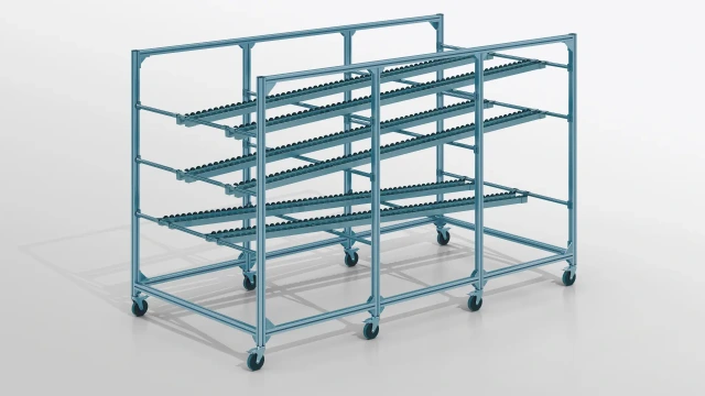 Mobile flow rack system with 3 infeed and one discharge level, roller sections hung in aluminum frame.