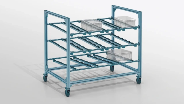 Mobile flow rack system with 2 infeed and one return level, roller sections suspended in aluminum frame.