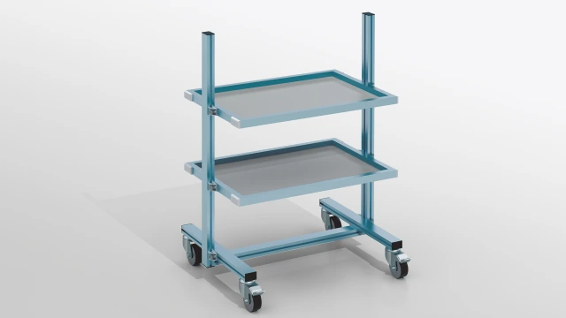 Multi-level aluminum material shuttle with stable frame construction, integrated shelves, and industrial design for manufacturing and assembling