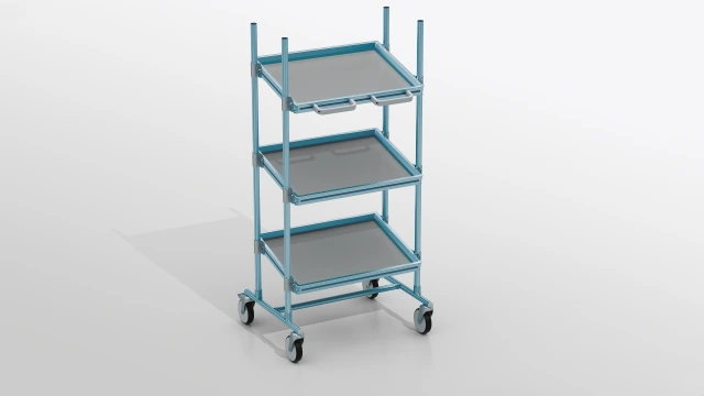 Multi-level aluminum material shuttle with stable frame construction, integrated shelves, and industrial design for manufacturing and assembling