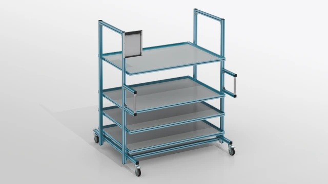 Multi-level aluminum material shuttle with stable frame construction, integrated shelves, and industrial design for manufacturing and assembly