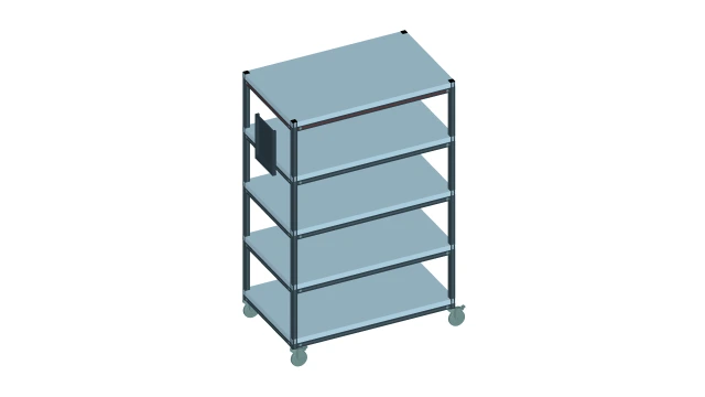 Material supply cart with 5 levels. Top cover profile in red. Side-mounted info board. Mounted on 4 castors.