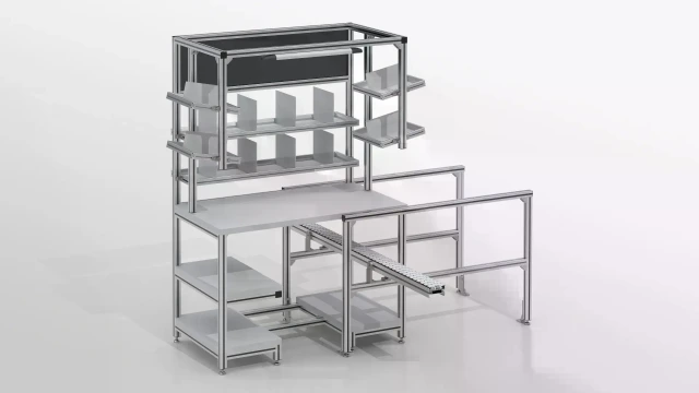 Flow rack system with worktop. Rear construction with several shelves that include divided vertically positioned plates for separating material. Tilted to the right and left. Roller rail system for material supply from the rear in the middle and bottom. On the right, aluminum extension for various attachments. Mounted light on top.