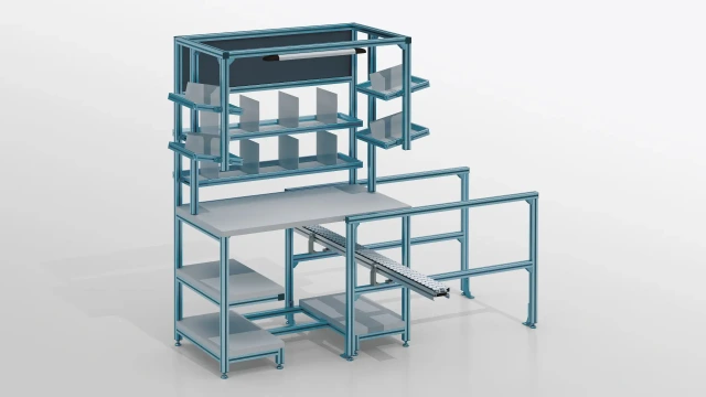 Flow rack system with worktop. Rear construction with several shelves that contain divided vertically erected plates for separating material. Tilted to the right and left. Roller rail system for material supply from the rear in the middle and bottom. On the right, aluminum extension for various attachments. Mounted light on top.
