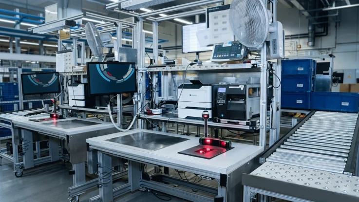 Assembly hall with packaging station, vertical envelopes, packaging material and gripping containers