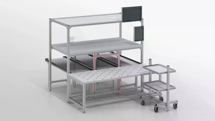 Picking station with integrated rollers, material shuttles, 3 material feeding roller conveyors, information boards, and bottle holders.