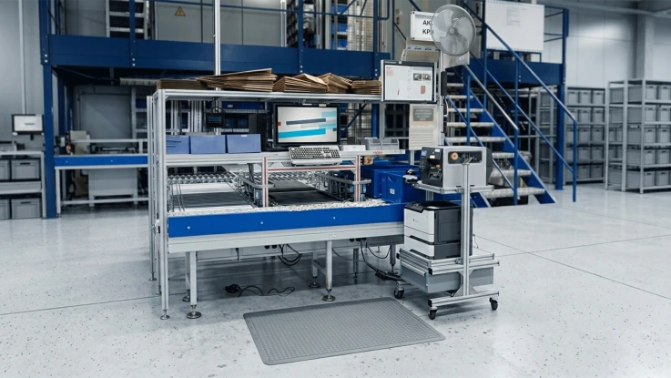 Picking table with PC, keyboard, roller conveyors, crate delivery and printers on the material shuttle.