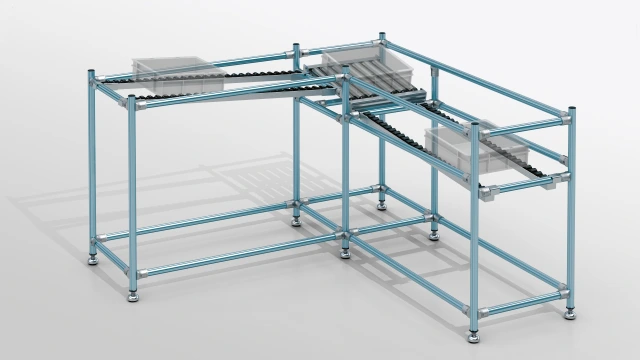 Karakuri distribution module for intralogistics, which mechanically divides containers onto two lanes