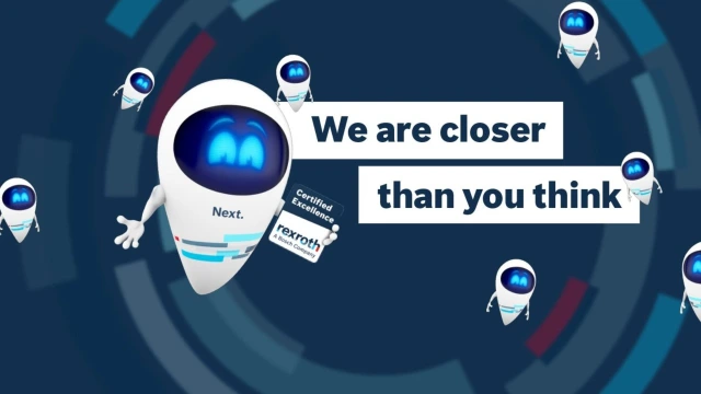 A futuristic, pin-shaped mascot with a digital face and the slogan "We are closer than you think"