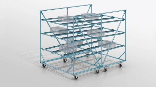 Flow rack made of EcoShape round tubes consisting of 3 levels, each with 2 parallel roller tracks